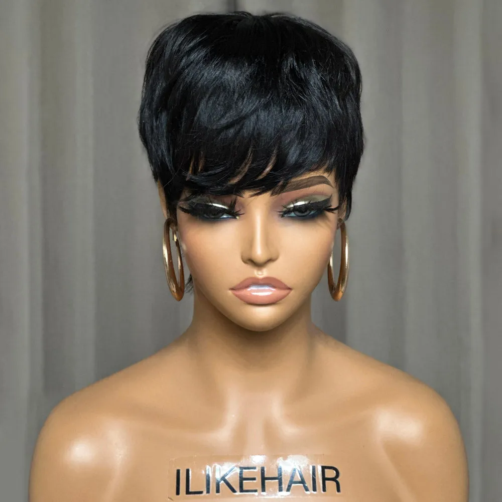 Short Pixie Cut Layered Glueless Human Hair Wig With Bang