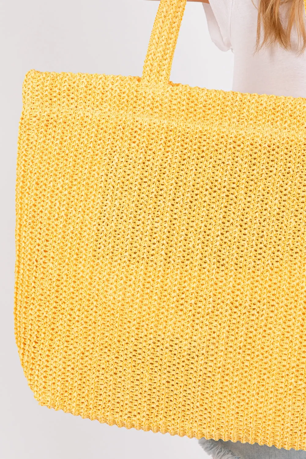 Solid Crochet Straw Bag Zipper Closure and Inner Pocket Yellow - Pack of 6