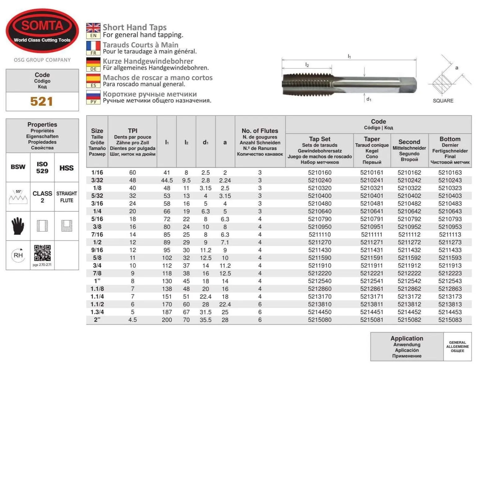 SOMTA - Series 521 HSS BSW Tap 1-3/4" Intermediate (Whitworth)