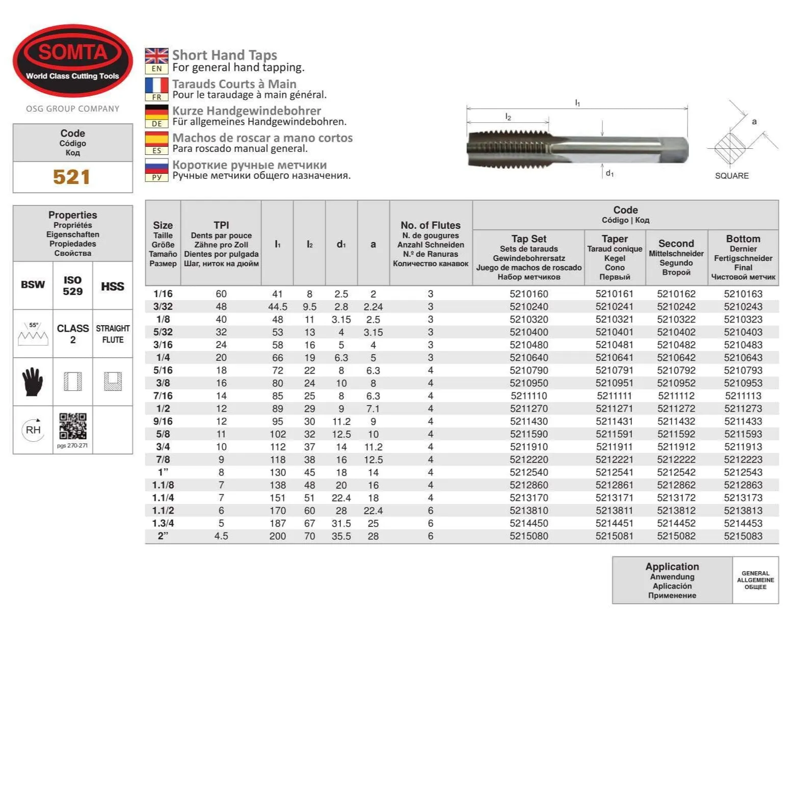SOMTA - Series 521 HSS BSW Tap 1/16" Taper (Whitworth) - Short Hand Tap