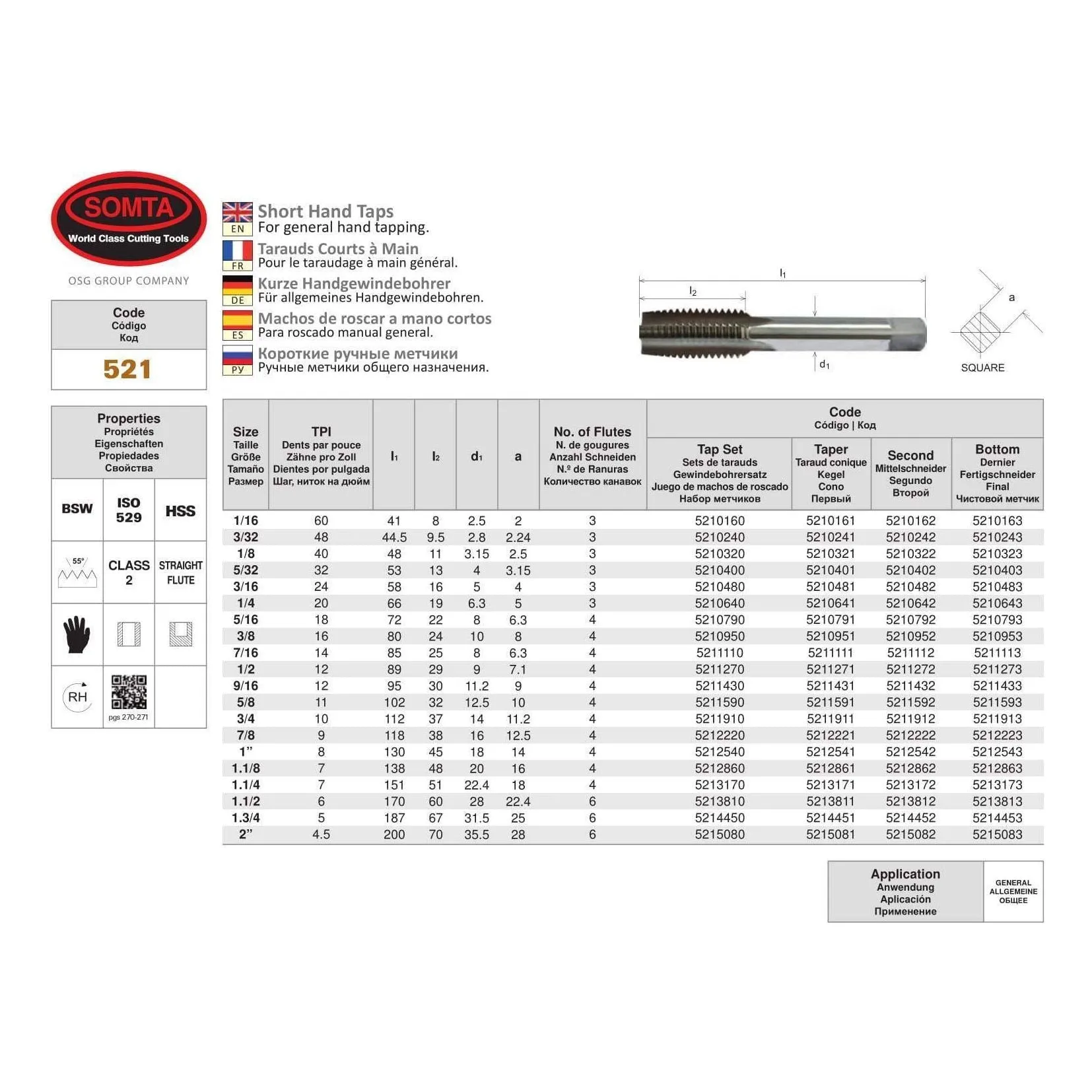 SOMTA - Series 521 HSS BSW Tap 5/8"Taper (Whitworth) - Short Hand Tap