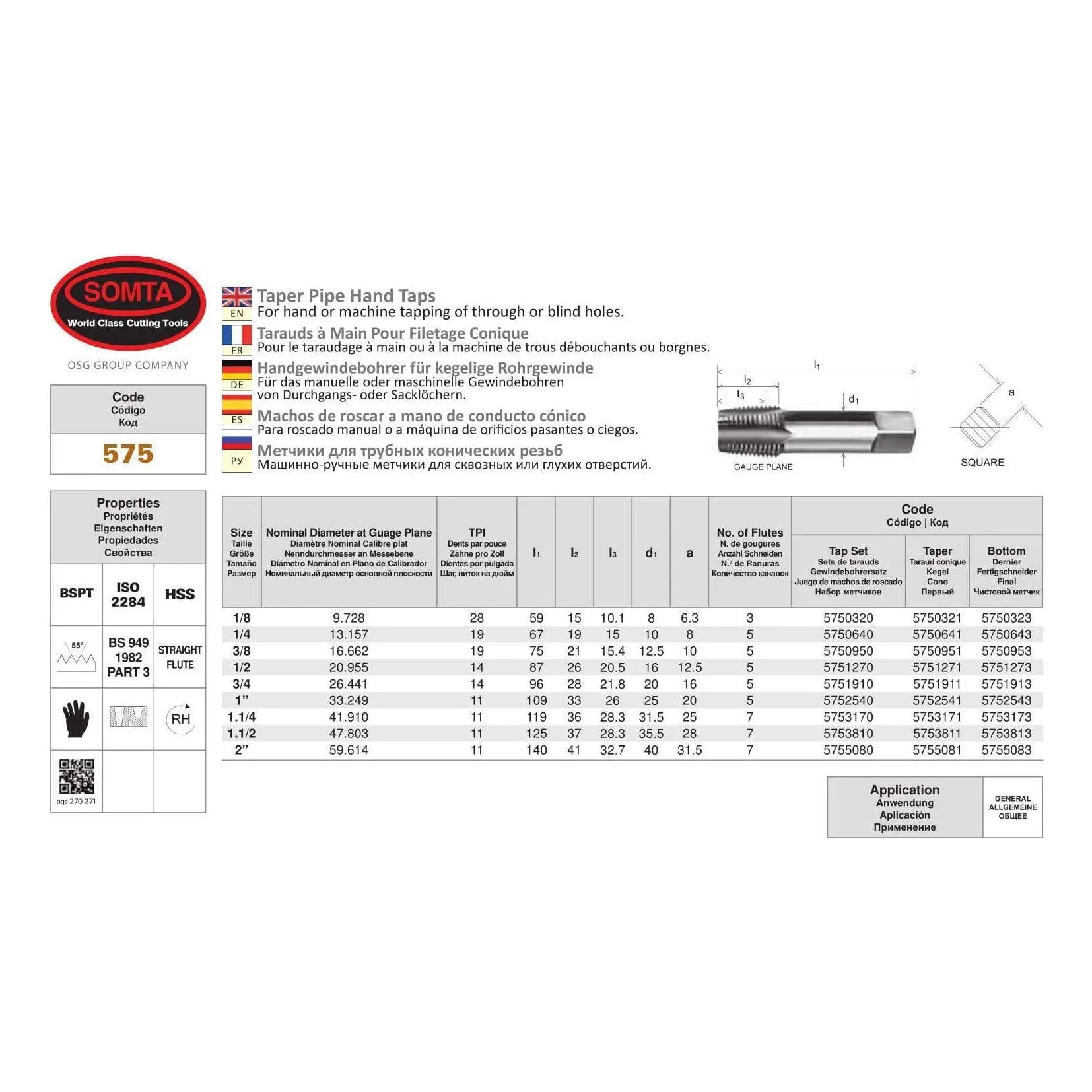 SOMTA - Series 575 HSS BSPT Tap 1/4" (Bottoming Lead, Taper Form)