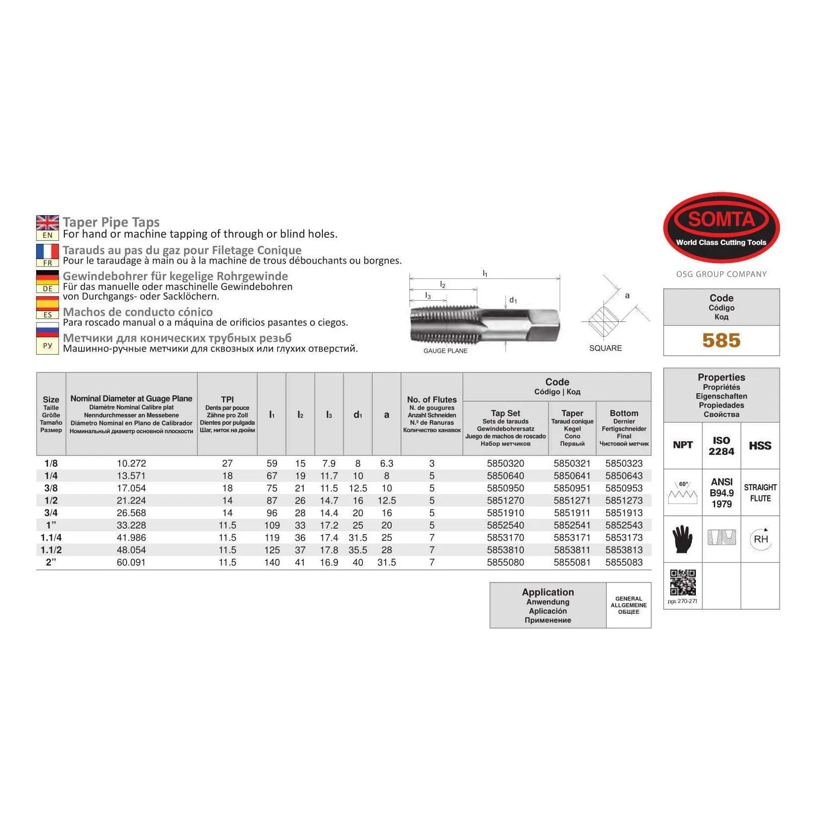 SOMTA - Series 585 HSS NPT Tap 3/4" (Bottoming Lead, Taper Form)