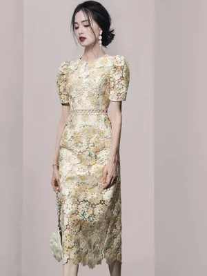 Spring/Summer New Fashion Embroidery Print Lace Hollow Out Midi Dress For Women Fluff Short Sleeves Elegant Dresses