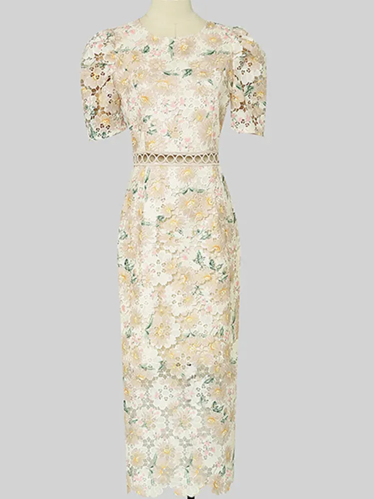 Spring/Summer New Fashion Embroidery Print Lace Hollow Out Midi Dress For Women Fluff Short Sleeves Elegant Dresses