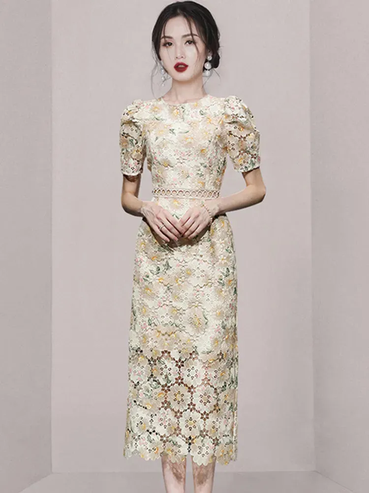 Spring/Summer New Fashion Embroidery Print Lace Hollow Out Midi Dress For Women Fluff Short Sleeves Elegant Dresses