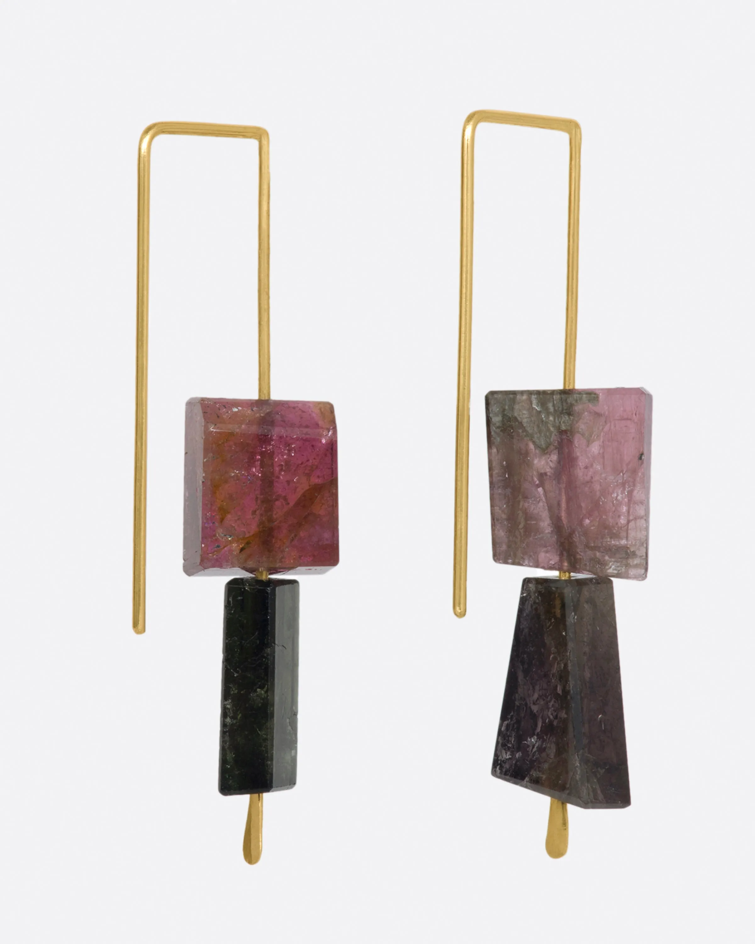 Stacked Pink and Deep Green Tourmaline Medium Hook Earrings