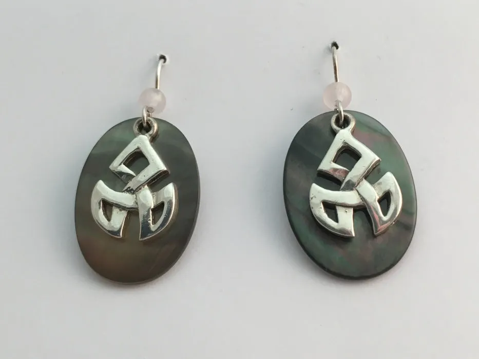 Sterling Silver Celtic Angular Triple  Knot dangle Earrings- Black lip Shell