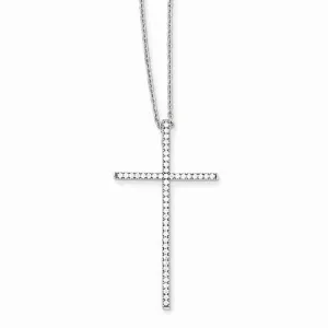Sterling Silver Long Pave CZ Cross Pendant Necklace 18"