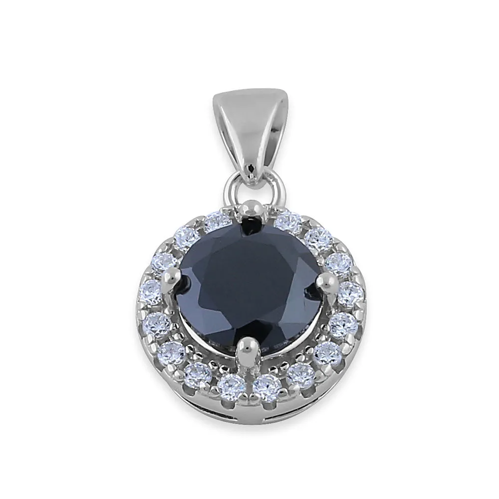 Sterling Silver Round Black CZ Halo Pendant