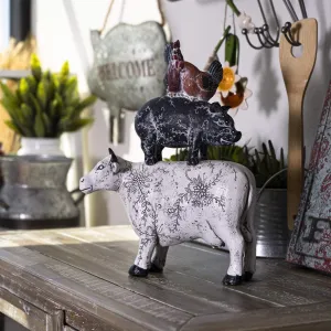 SUMMIT COLLECTION Rustic Barnyard Decor Stacked Farm Animals Design Cow Pig Chickens Figurines 14.5 inches Tall Kitchen Dining Room Farmhouse Decor