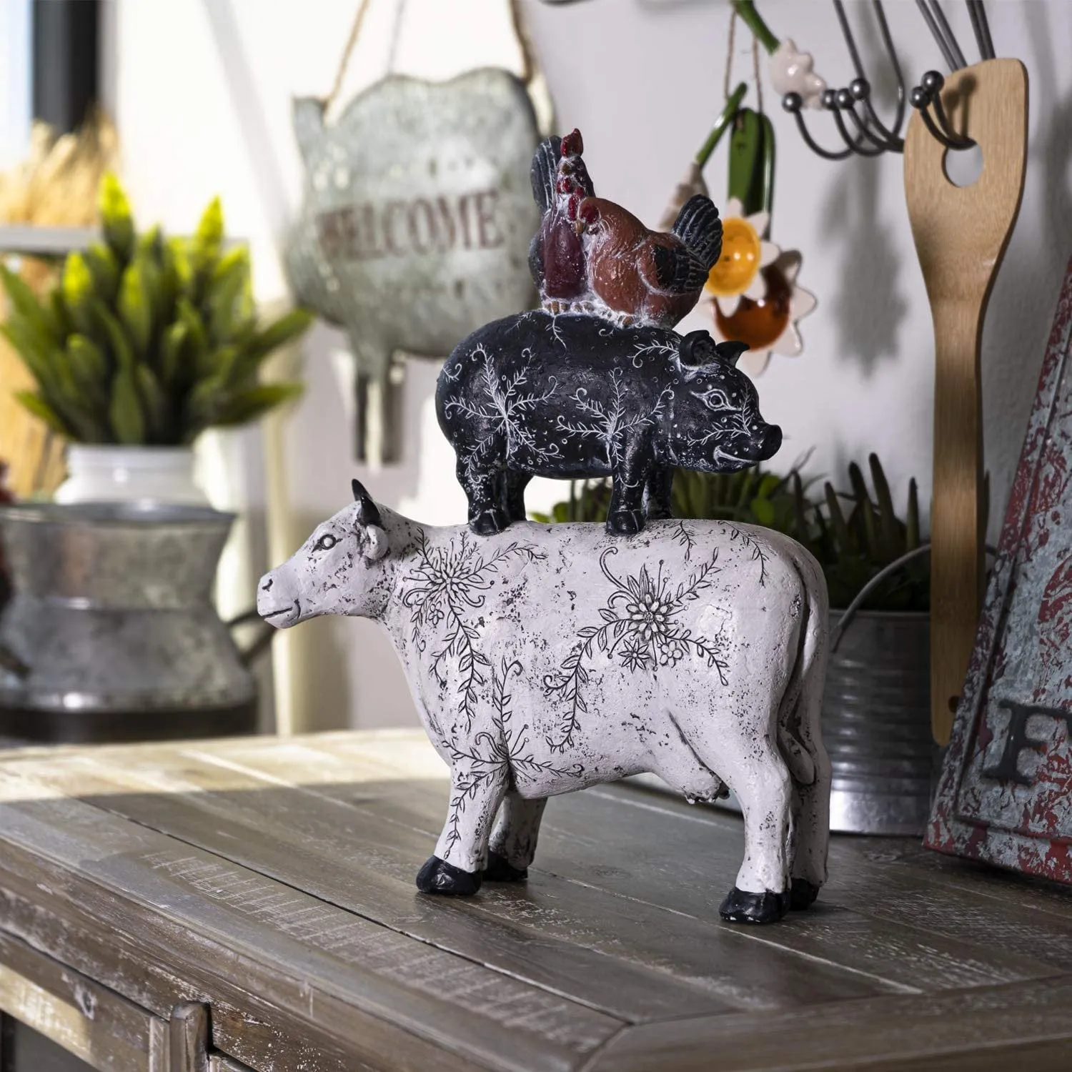SUMMIT COLLECTION Rustic Barnyard Decor Stacked Farm Animals Design Cow Pig Chickens Figurines 14.5 inches Tall Kitchen Dining Room Farmhouse Decor