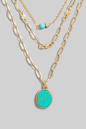 Triple Layered Oval Stone Pendant and Beaded Necklace