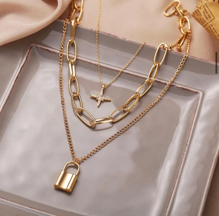 Triple Layered Star and Lock Pendant
