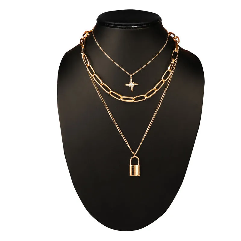 Triple Layered Star and Lock Pendant