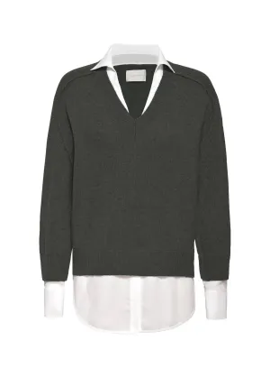 V Neck Layered Pullover (Hunter/White)