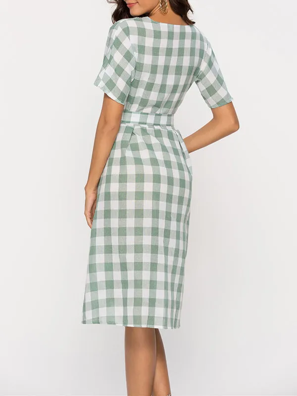 V-neck Short-sleeved Button Plaid Dress