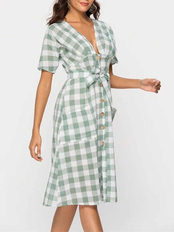 V-neck Short-sleeved Button Plaid Dress