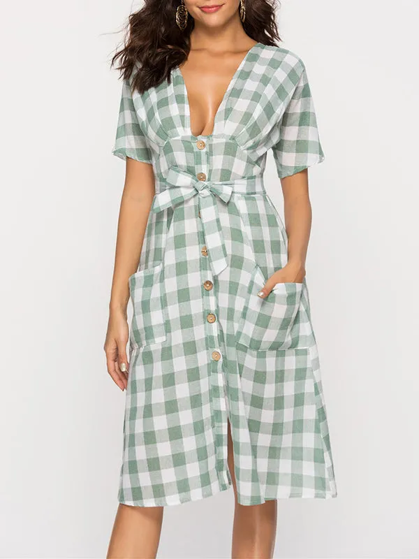 V-neck Short-sleeved Button Plaid Dress