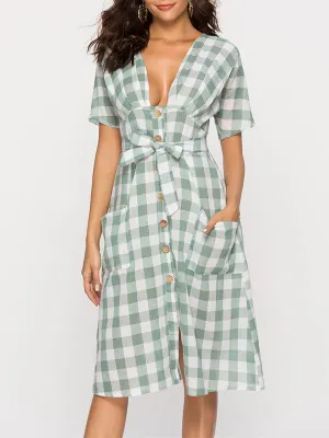 V-neck Short-sleeved Button Plaid Dress