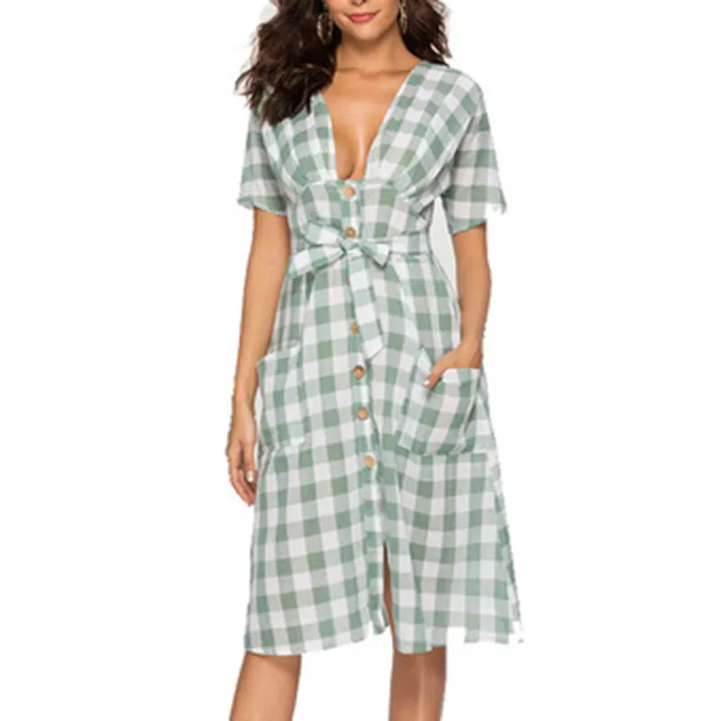 V-neck Short-sleeved Button Plaid Dress