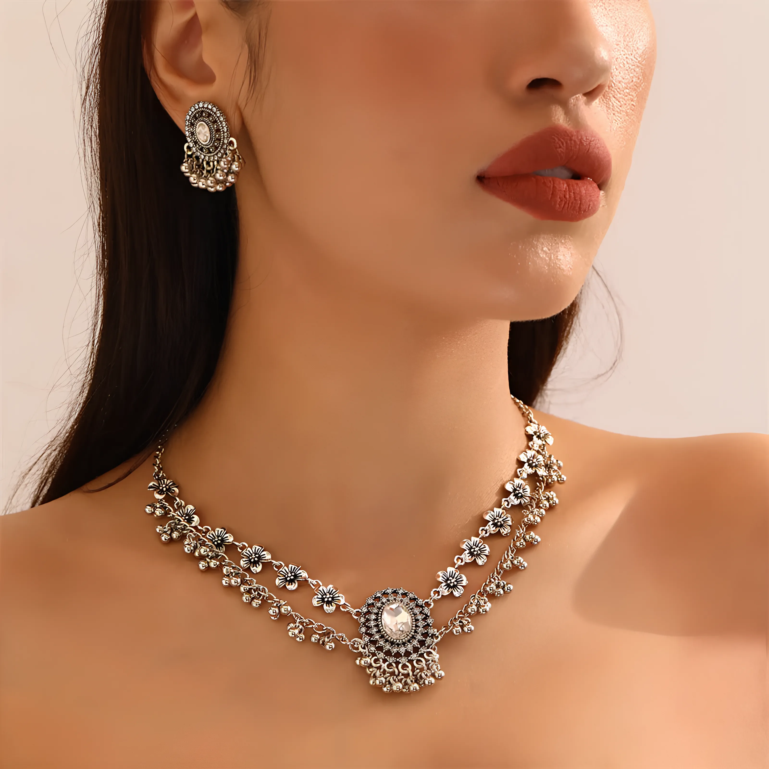 Vintage Bohemian Flower Jewelry Set Indian Tribal Design