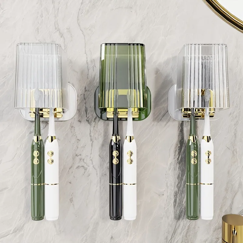Wall-Mounted Toothbrush Cup Set - Punch-Free Bathroom Toilet Mouthwash Cup & Toothbrush Holder (Green and White)