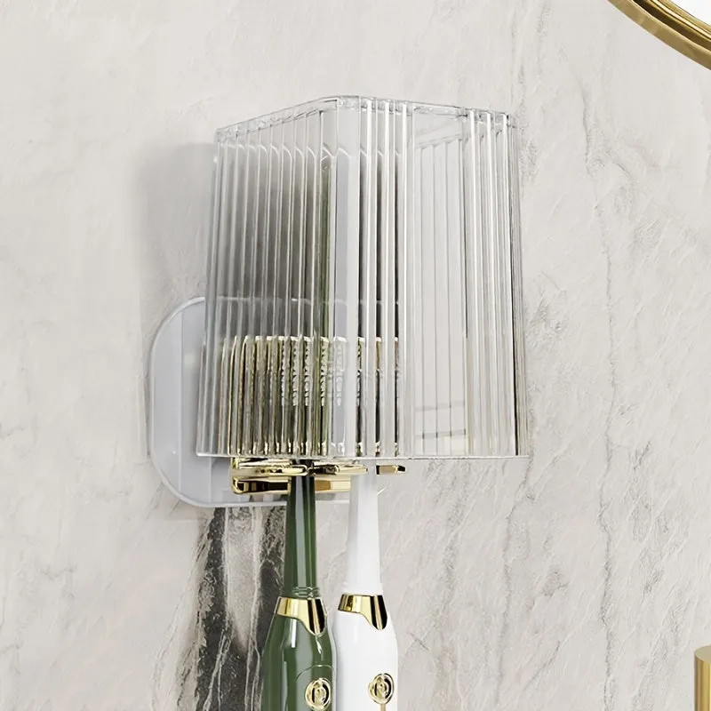 Wall-Mounted Toothbrush Cup Set - Punch-Free Bathroom Toilet Mouthwash Cup & Toothbrush Holder (Green and White)
