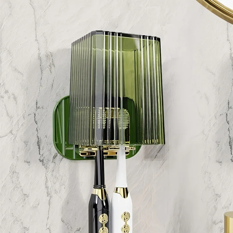 Wall-Mounted Toothbrush Cup Set - Punch-Free Bathroom Toilet Mouthwash Cup & Toothbrush Holder (Green and White)
