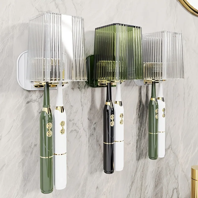 Wall-Mounted Toothbrush Cup Set - Punch-Free Bathroom Toilet Mouthwash Cup & Toothbrush Holder (Green and White)