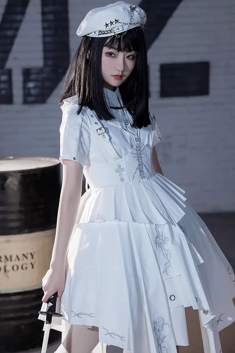White Travelling Thorns Short Sleeves Print Gothic Elegant Lolita Dress
