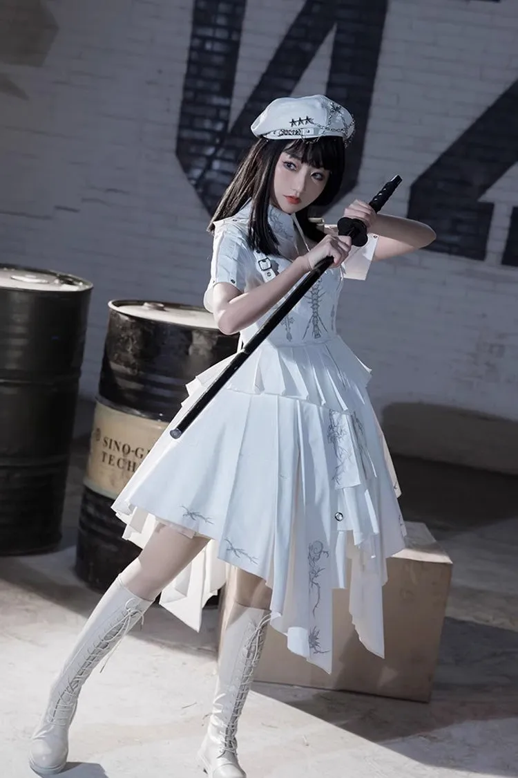 White Travelling Thorns Short Sleeves Print Gothic Elegant Lolita Dress