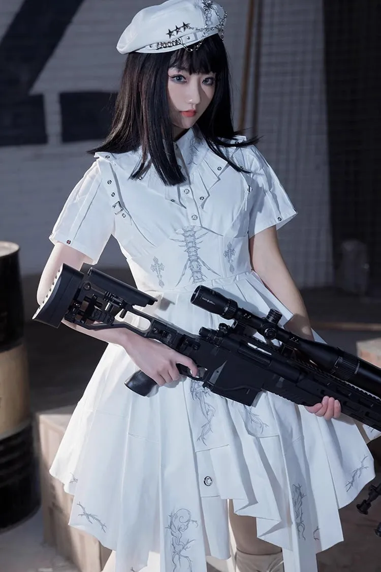 White Travelling Thorns Short Sleeves Print Gothic Elegant Lolita Dress