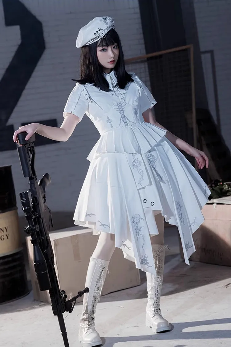 White Travelling Thorns Short Sleeves Print Gothic Elegant Lolita Dress
