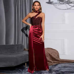 Wine Red Fishtail Evening Dress - High-End Banquet Single Shoulder