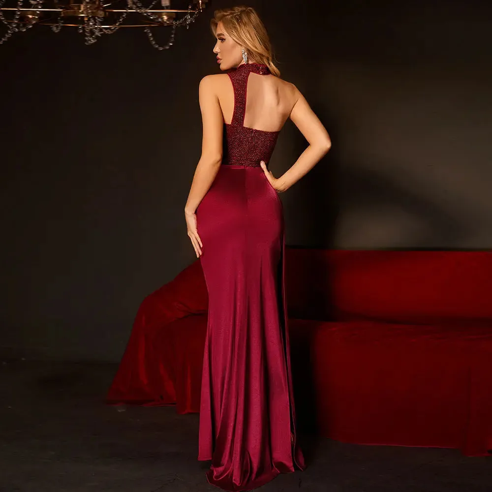 Wine Red Fishtail Evening Dress - High-End Banquet Single Shoulder