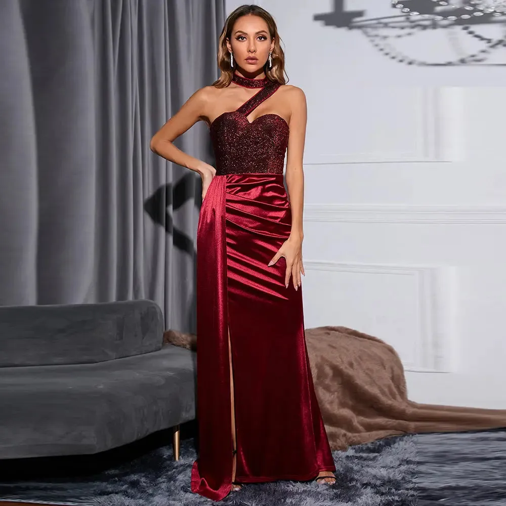 Wine Red Fishtail Evening Dress - High-End Banquet Single Shoulder