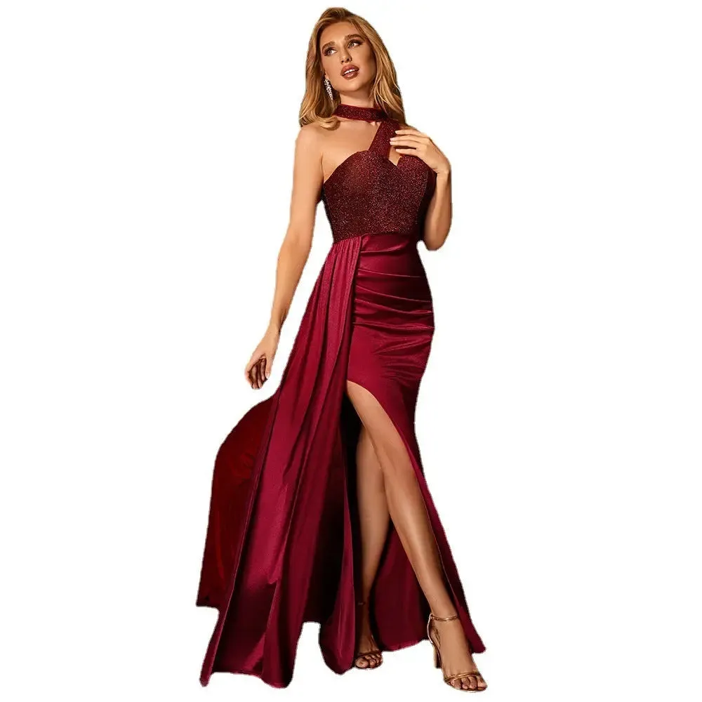 Wine Red Fishtail Evening Dress - High-End Banquet Single Shoulder