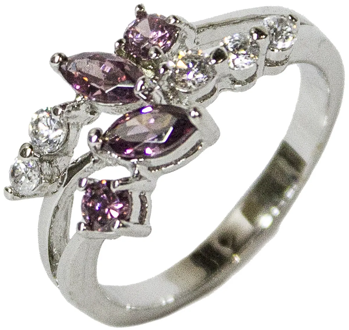 Women's Rhodium Plated Dress Ring Pink Marquise CZ Leaf Pattern 103